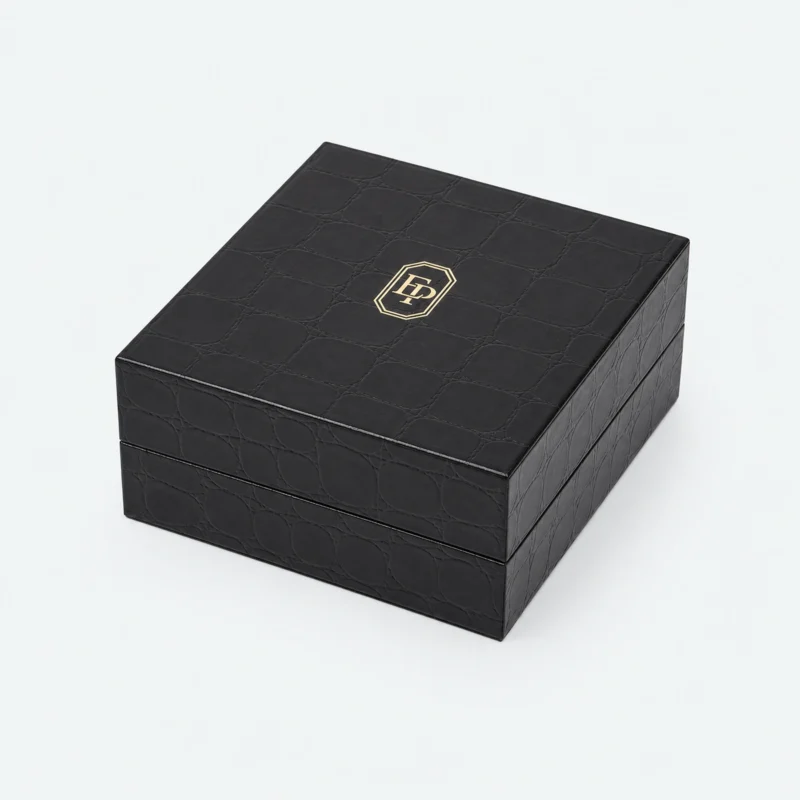 Custom Luxury Black Genuine Leather Flip Top Necklace Box