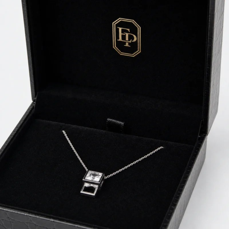 Custom Luxury Black Genuine Leather Flip Top Necklace Box