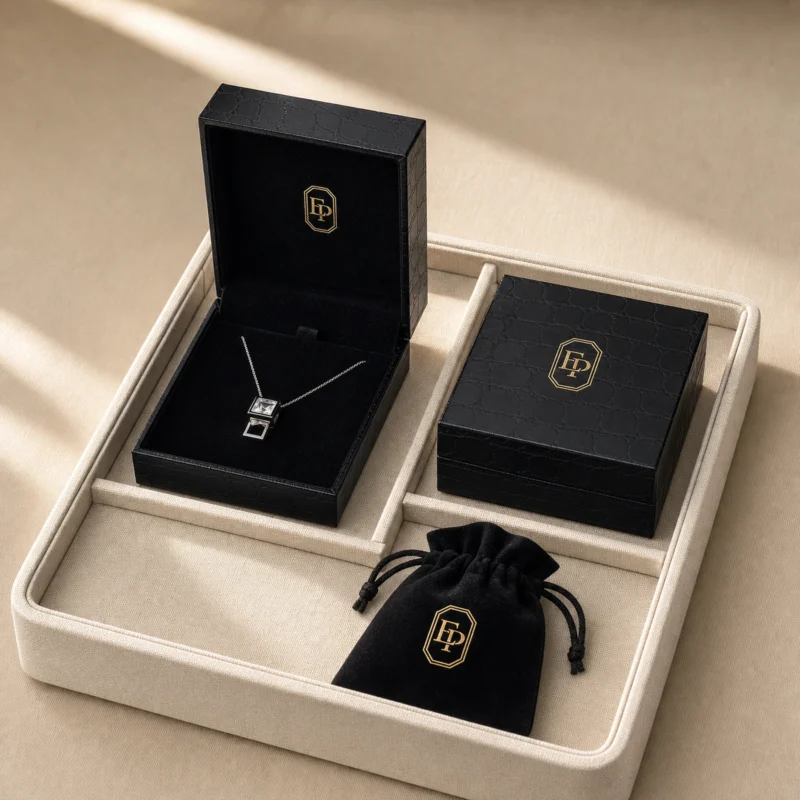 Custom Luxury Black Genuine Leather Flip Top Necklace Box