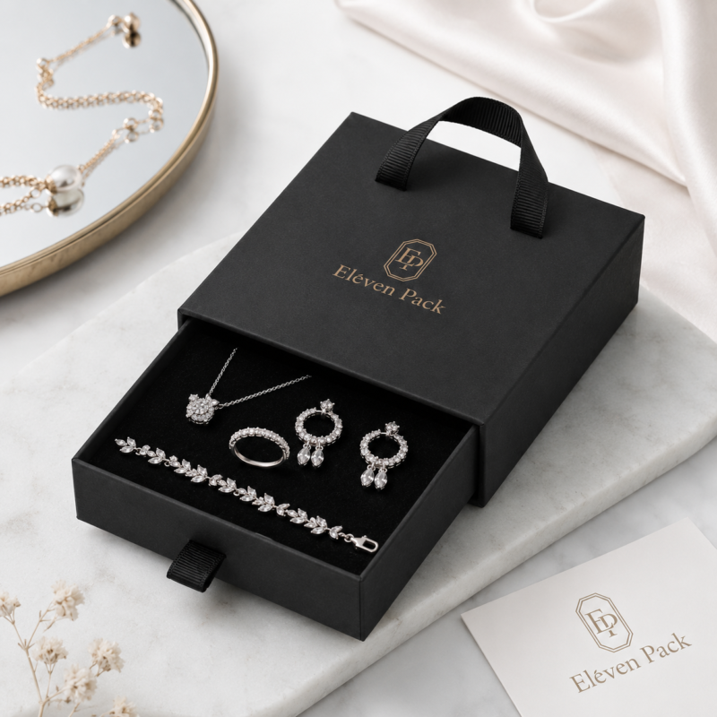 Black Drawer Soft Lined Cardboard Jewelry Box - lifestyle usage scene - JB-BM-01-P20 Black Drawer Soft Lined Cardboard Jewelry Box - lifestyle usage scene - JB-BM-01-P20