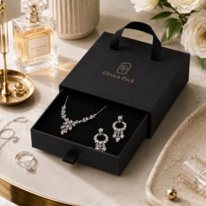 Black Drawer Soft Lined Cardboard Jewelry Box - lifestyle product scene - JB-BM-01-P20 Black Drawer Soft Lined Cardboard Jewelry Box - lifestyle product scene - JB-BM-01-P20