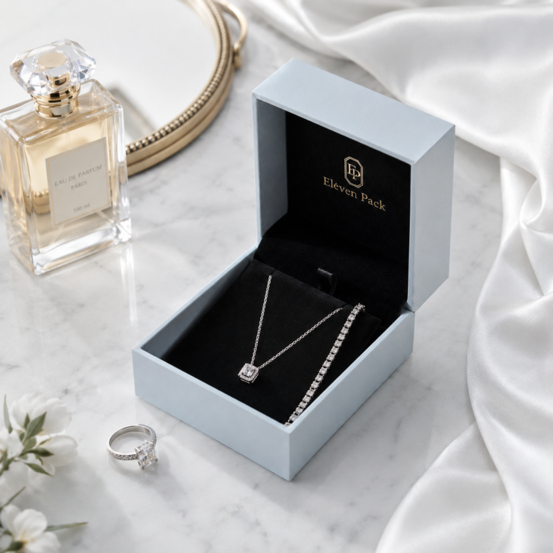 Blue Art Paper Drawer Jewelry Box for Necklaces and Earrings - lifestyle usage scene - JB-BM-01-P6