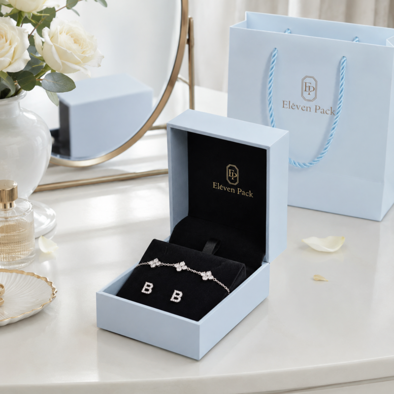 Blue Art Paper Drawer Jewelry Box for Necklaces and Earrings - lifestyle product scene - JB-BM-01-P6