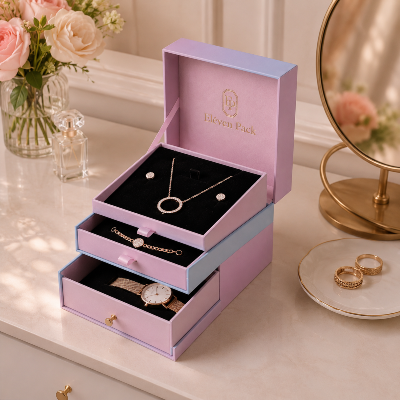 Gradient Pink Drawer Cardboard Jewelry Organizer Box - usage scene