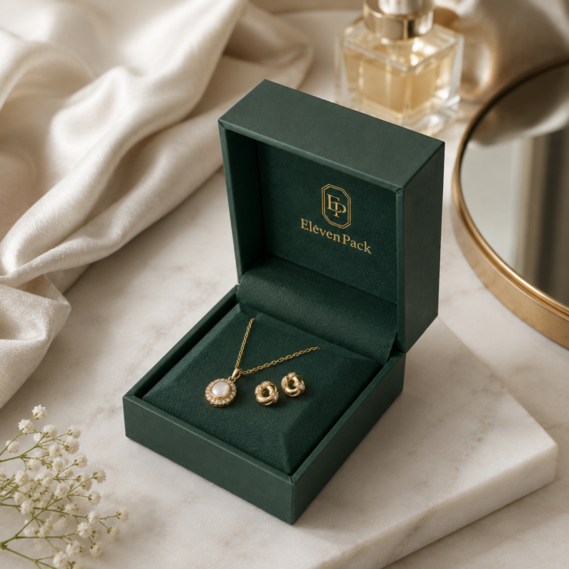 Green Gray Paper Jewelry Box for Rings and Earrings - lifestyle usage scene - JB-BM-01-P23 Green Gray Paper Jewelry Box for Rings and Earrings - lifestyle usage scene - JB-BM-01-P23