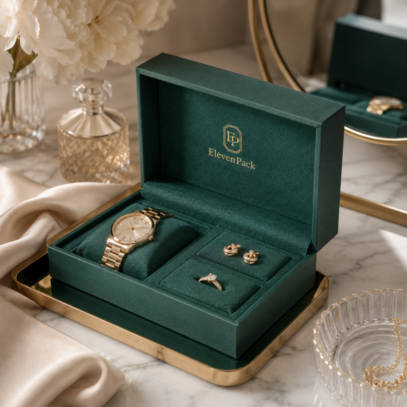 Green Gray Paper Jewelry Box for Rings and Earrings - lifestyle product scene - JB-BM-01-P23 Green Gray Paper Jewelry Box for Rings and Earrings - lifestyle product scene - JB-BM-01-P23