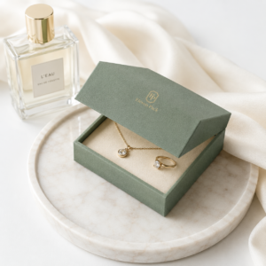 Khaki Green Luxury Cardboard Jewelry Box - lifestyle usage scene - JB-BM-01-P30 Khaki Green Luxury Cardboard Jewelry Box - lifestyle usage scene - JB-BM-01-P30