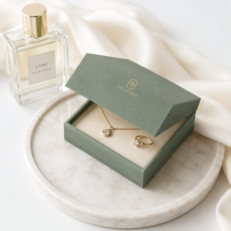 Khaki Green Luxury Cardboard Jewelry Box - lifestyle usage scene - JB-BM-01-P30 Khaki Green Luxury Cardboard Jewelry Box - lifestyle usage scene - JB-BM-01-P30