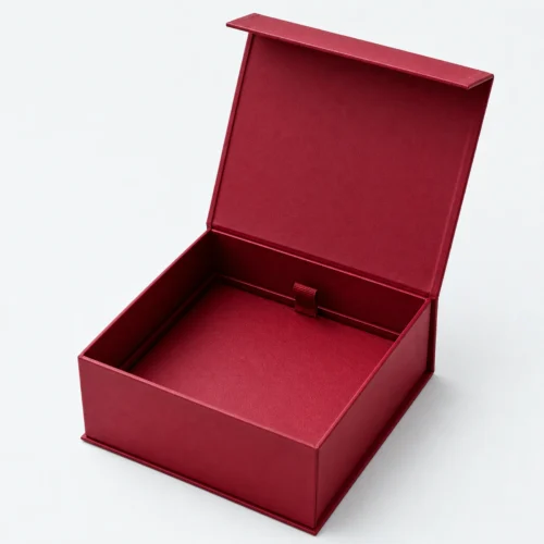 Open red paper magnetic flip top gift box with blank interior Open red paper magnetic flip top gift box with blank interior
