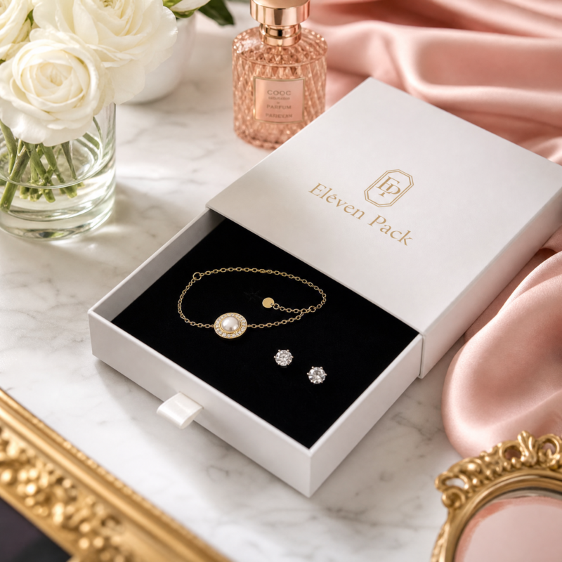 White Drawer Cardboard Jewelry Box for Necklaces and Earrings - lifestyle usage scene - JB-BM-01-P12 White Drawer Cardboard Jewelry Box for Necklaces and Earrings - lifestyle usage scene - JB-BM-01-P12