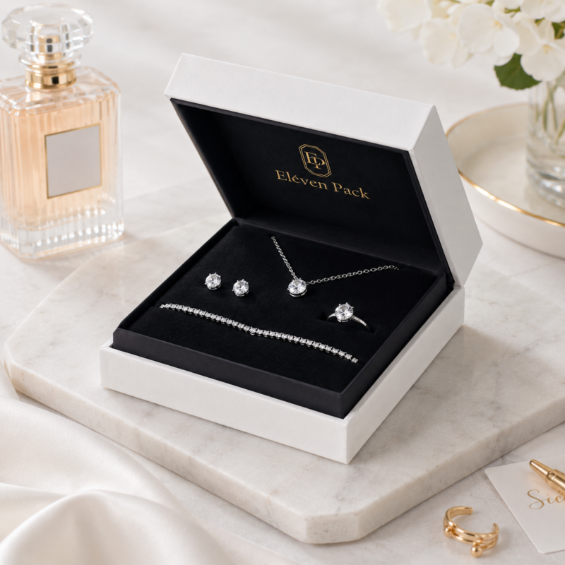 White Two-Piece Lid and Base Cardboard Jewelry Box - lifestyle view