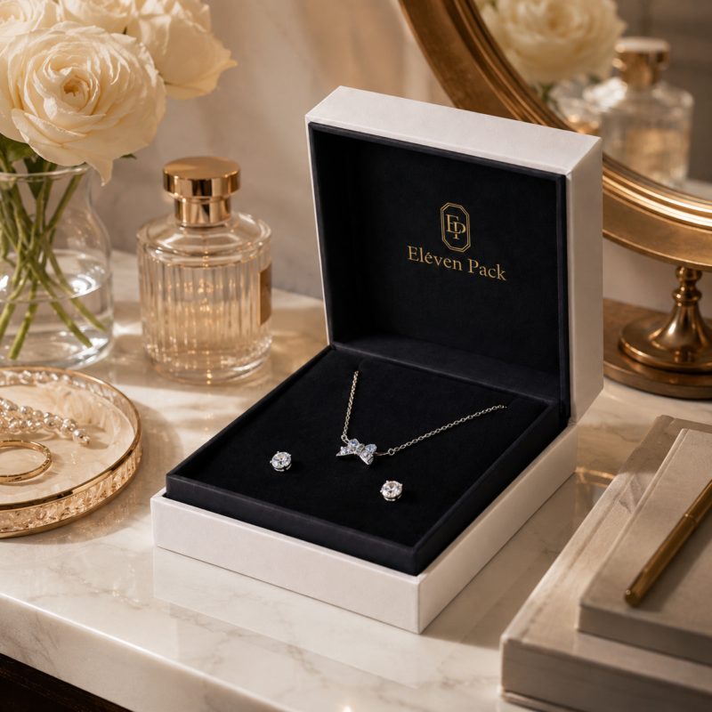 White Two-Piece Lid and Base Cardboard Jewelry Box - lifestyle view