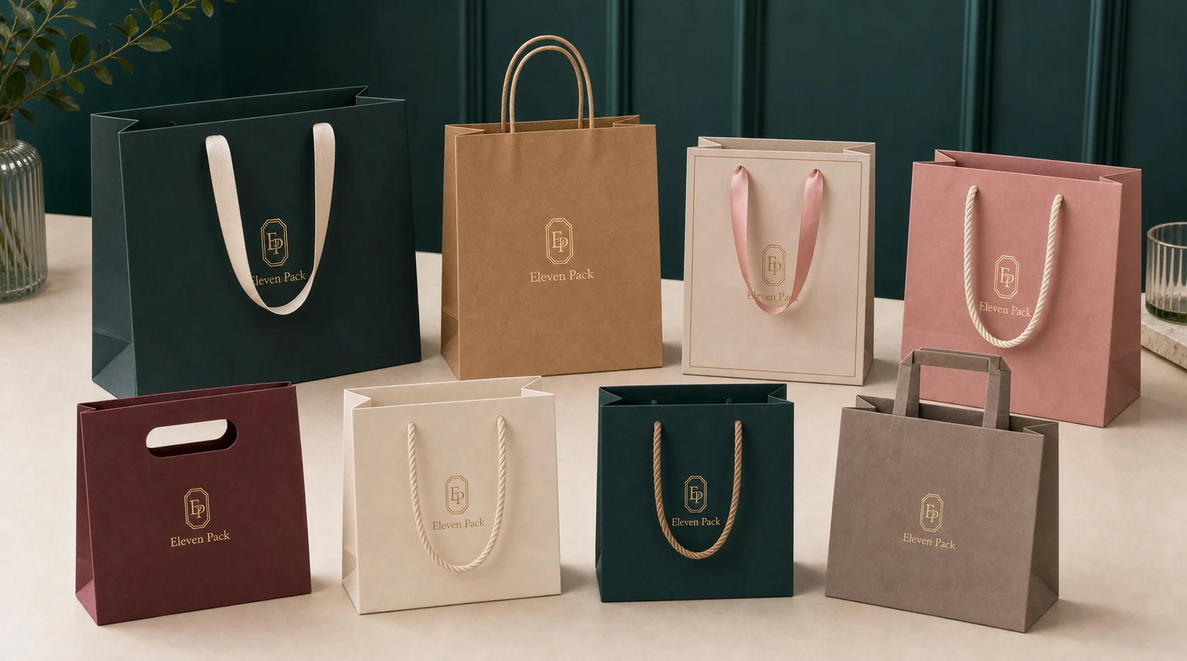 Custom jewelry paper bag styles with ribbon, rope, twisted paper, flat and die-cut handles