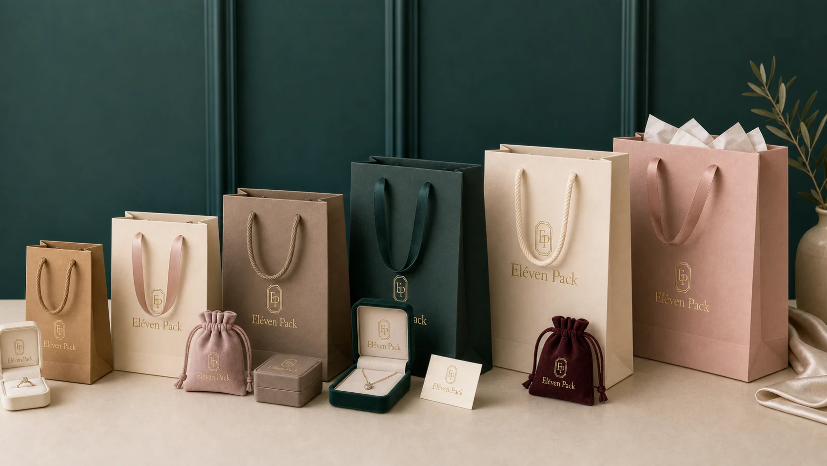 Custom jewelry paper bags in different widths, heights, gussets and handle lengths