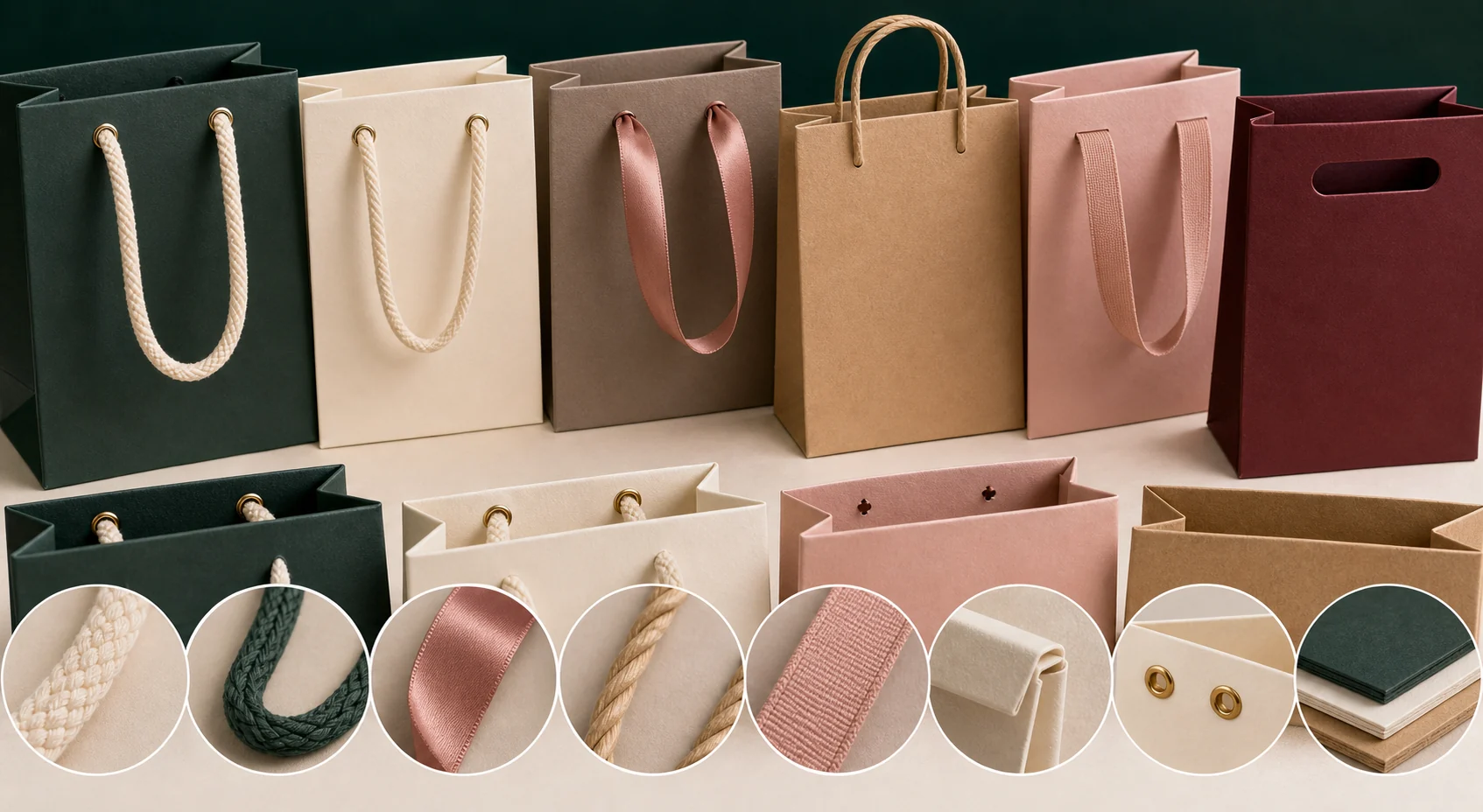 Custom paper bag handles and reinforcement options including cotton rope, ribbon, twisted paper, eyelets and bottom boards