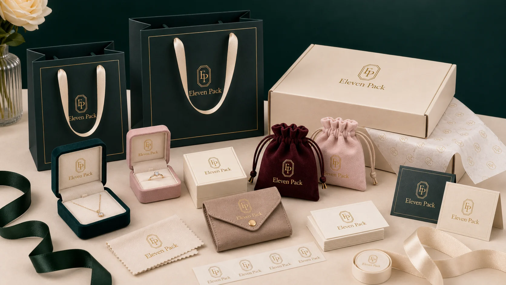 Coordinated Eleven Pack jewelry packaging set with paper bags, boxes, pouches, cards, tissue paper, ribbon and stickers