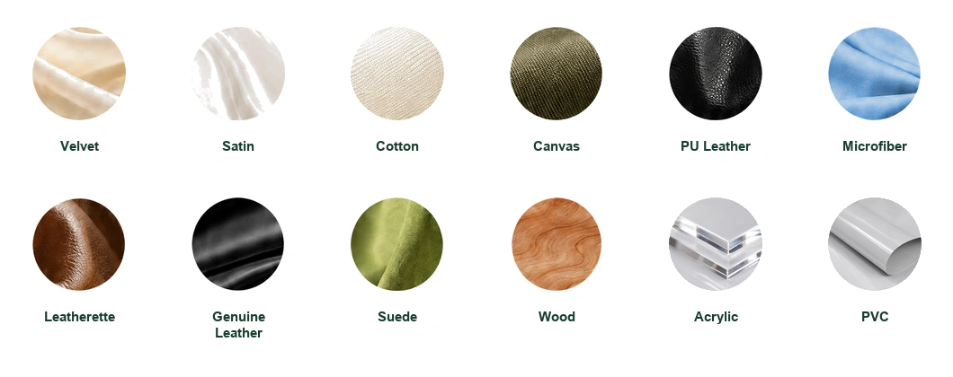 Common jewelry packaging material options including velvet, satin, cotton, canvas, PU leather, microfiber, leatherette, genuine leather, suede, wood, acrylic, and PVC