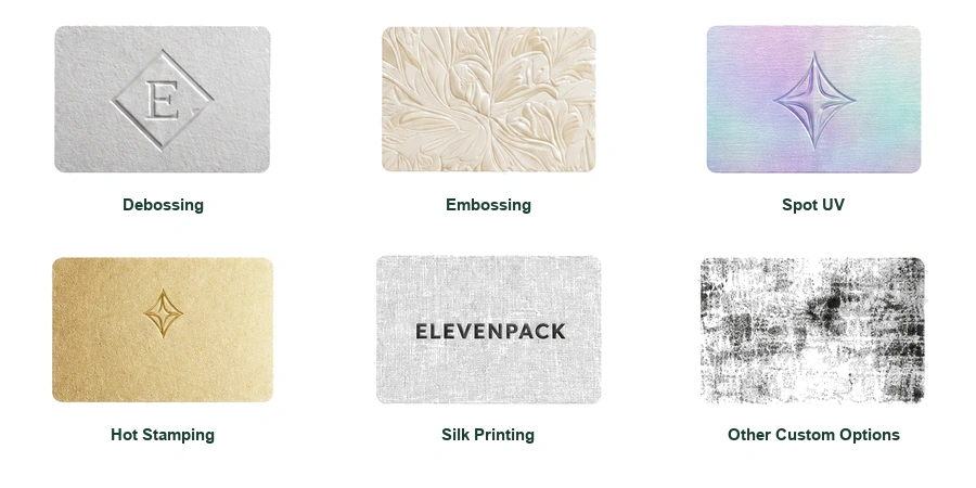 Common jewelry packaging printing options including debossing, embossing, spot UV, hot stamping, silk printing, and other custom options