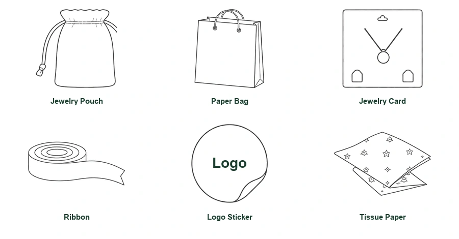Matching jewelry packaging accessories including jewelry pouch, paper bag, jewelry card, ribbon, logo sticker, and tissue paper