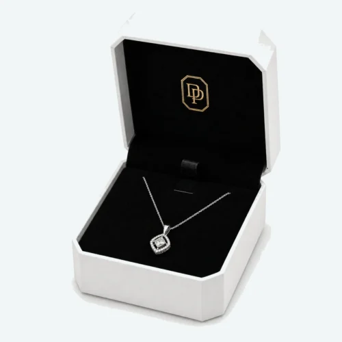 Custom White Art Paper Flip Top Necklace Box open view with matching jewelry Custom White Art Paper Flip Top Necklace Box open view with matching jewelry
