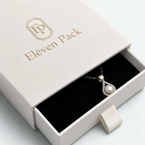 Custom White Cardboard Drawer Jewelry Box open view with matching jewelry Custom White Cardboard Drawer Jewelry Box open view with matching jewelry