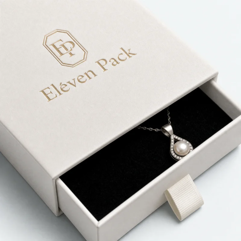 Custom White Cardboard Drawer Jewelry Box open view with matching jewelry