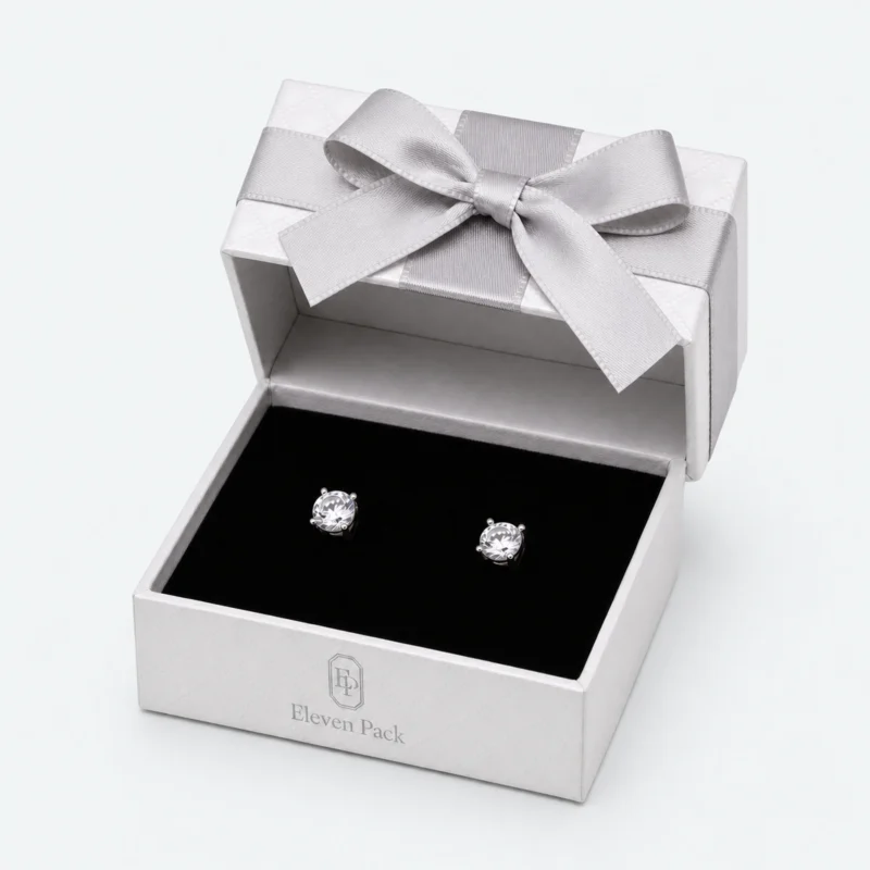 Custom White Paper Hinged Earring Box with Ribbon Bow open view with matching jewelry