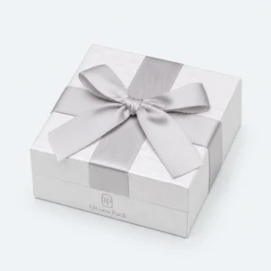 Custom White Paper Hinged Earring Box with Ribbon Bow closed view