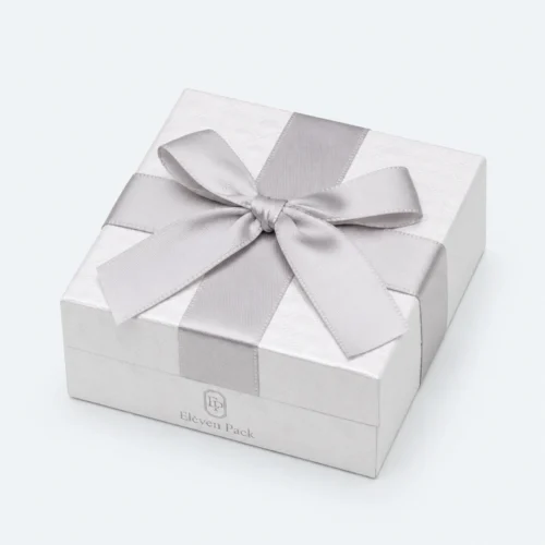Custom White Paper Hinged Earring Box with Ribbon Bow closed view