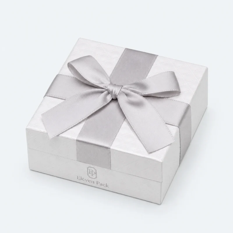Custom White Paper Hinged Earring Box with Ribbon Bow closed view