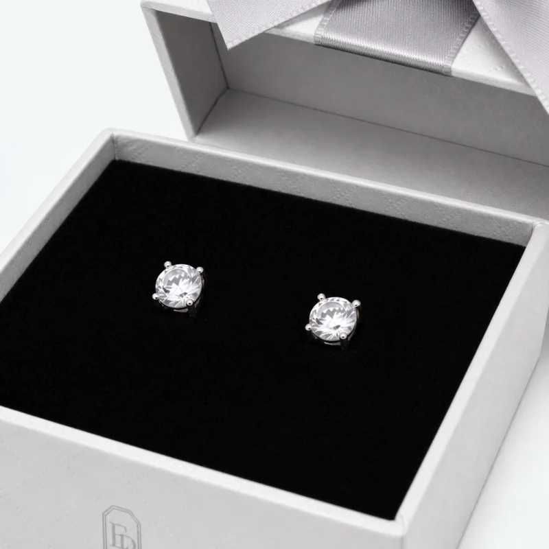 Custom White Paper Hinged Earring Box with Ribbon Bow material and insert detail