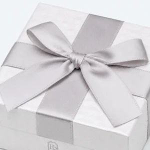 Custom White Paper Hinged Earring Box with Ribbon Bow logo and closure detail