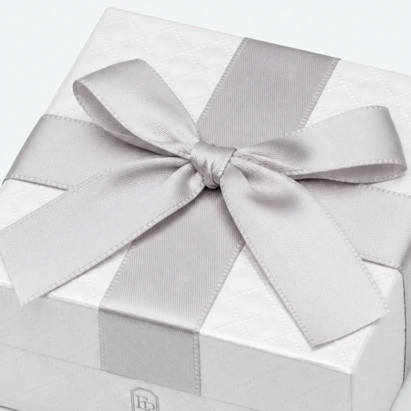 Custom White Paper Hinged Earring Box with Ribbon Bow logo and closure detail