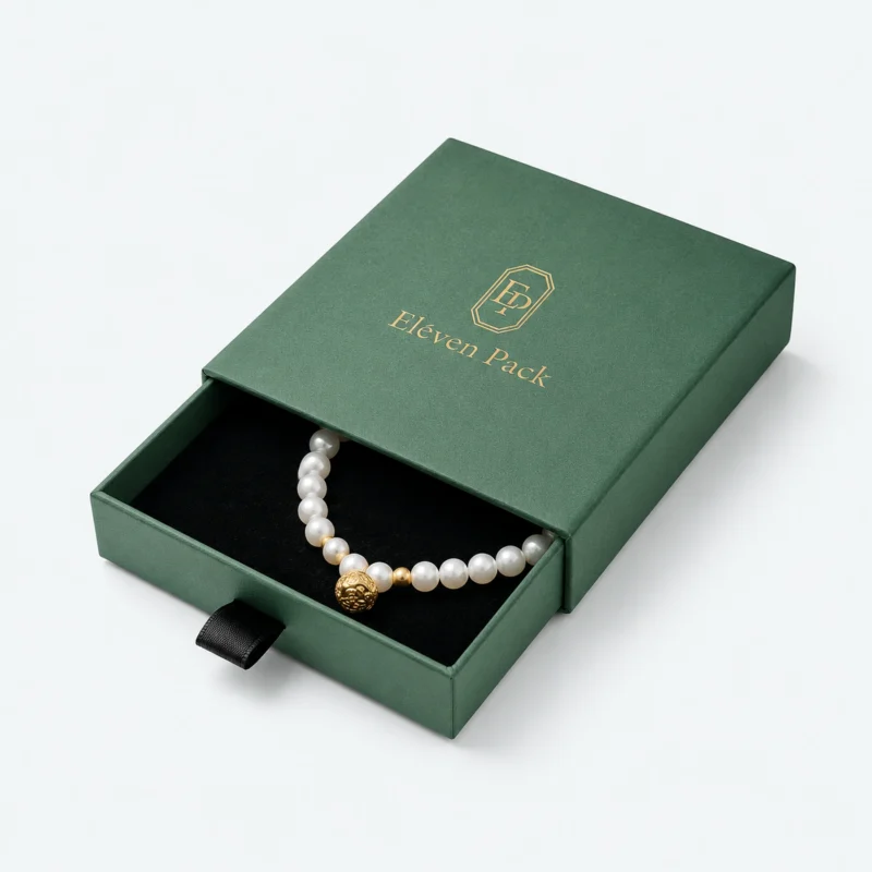 Custom Green Paper Drawer Bracelet Box open view with matching jewelry