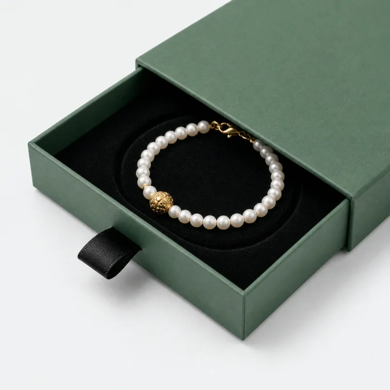Custom Green Paper Drawer Bracelet Box material and insert detail