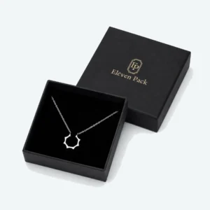 Custom Premium Black Cardboard Lid and Base Jewelry Box open view with matching jewelry Custom Premium Black Cardboard Lid and Base Jewelry Box open view with matching jewelry