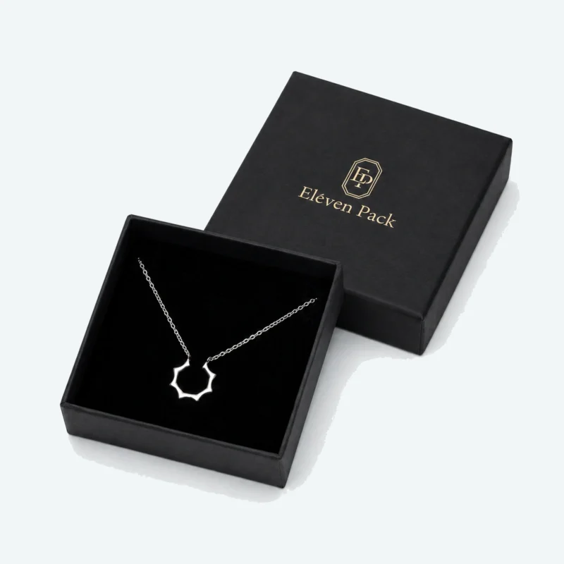 Custom Premium Black Cardboard Lid and Base Jewelry Box open view with matching jewelry Custom Premium Black Cardboard Lid and Base Jewelry Box open view with matching jewelry