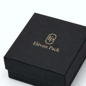 Custom Premium Black Cardboard Lid and Base Jewelry Box logo and closure detail Custom Premium Black Cardboard Lid and Base Jewelry Box logo and closure detail