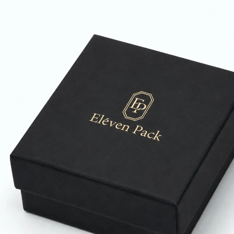 Custom Premium Black Cardboard Lid and Base Jewelry Box logo and closure detail Custom Premium Black Cardboard Lid and Base Jewelry Box logo and closure detail
