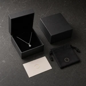 Custom Premium Black Cardboard Lid and Base Jewelry Box custom packaging system scene Custom Premium Black Cardboard Lid and Base Jewelry Box custom packaging system scene