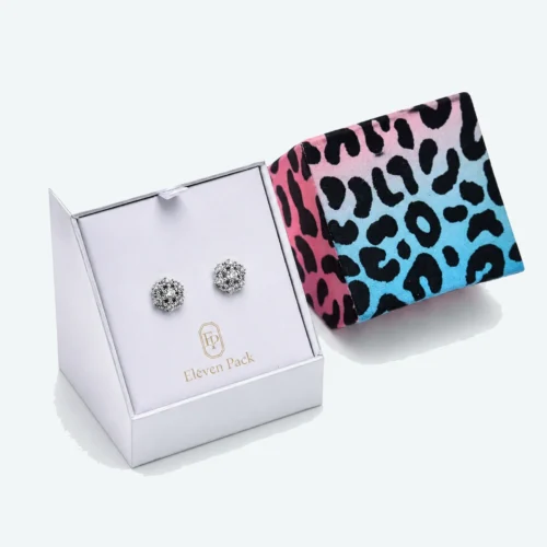 Custom Luxury Leopard Print Paper Earring Box open view with matching jewelry Custom Luxury Leopard Print Paper Earring Box open view with matching jewelry