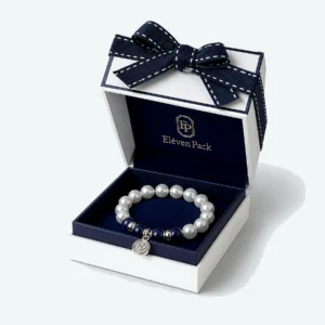 Custom Blue and White Art Paper Jewelry Box with Ribbon Bow open view with matching jewelry