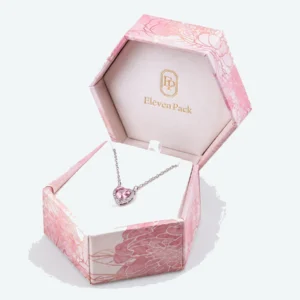 Custom Pink Art Paper Hexagon Jewelry Box open view with matching jewelry