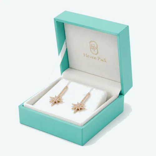 Custom Luxury Tiffany Blue Hinged Cardboard Jewelry Box open view with matching jewelry
