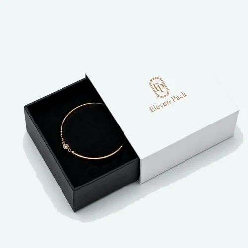 Custom White Lid and Base Cardboard Bracelet Box open view with matching jewelry Custom White Lid and Base Cardboard Bracelet Box open view with matching jewelry