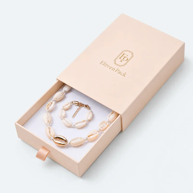 Custom Pink Paper Drawer Bracelet Box open view with matching jewelry