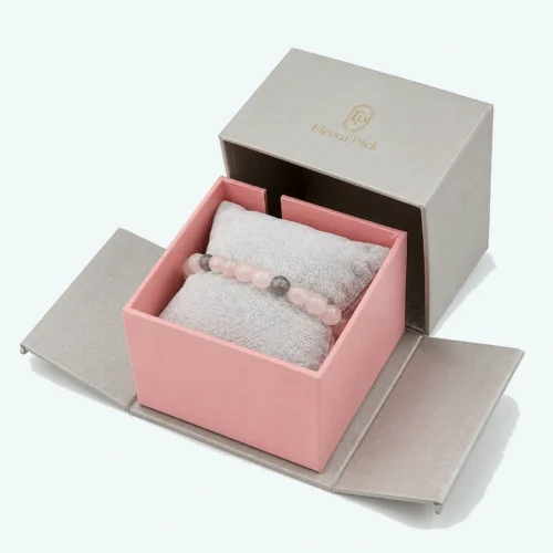 Custom Multifunctional Pink and Gray Flip Top Jewelry Box open view with matching jewelry