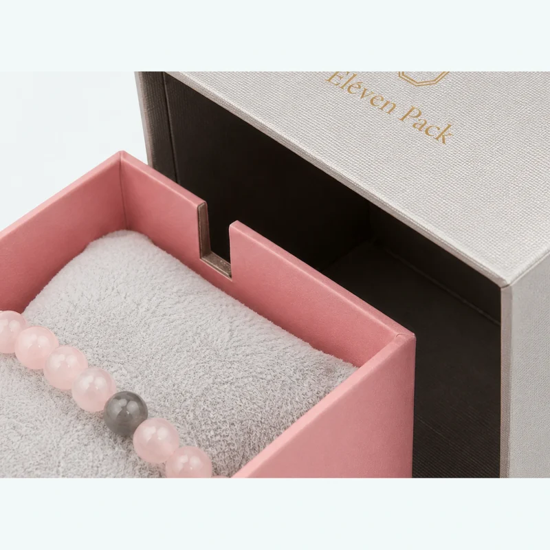 Custom Multifunctional Pink and Gray Flip Top Jewelry Box material and insert detail
