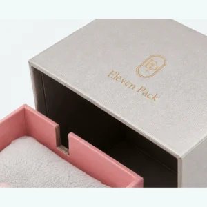 Custom Multifunctional Pink and Gray Flip Top Jewelry Box logo and closure detail