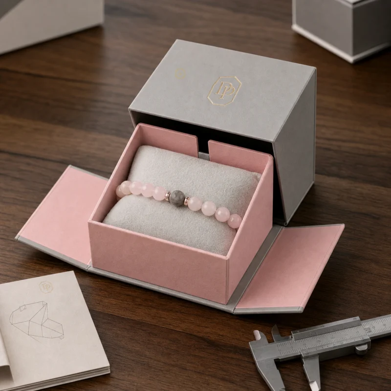 Custom Multifunctional Pink and Gray Flip Top Jewelry Box jewelry packaging usage scene